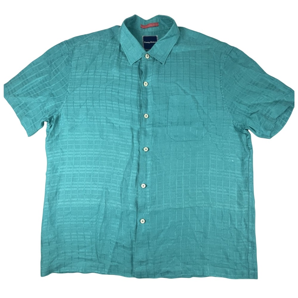 Tommy Bahama Button Up Mens XL Teal 100% Linen Textured Grid Short Sleeve Shirt